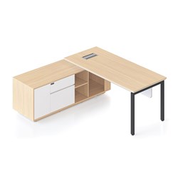 Rapidline Casa Executive Desk + LHS Cabinet + Panel Profile Leg 2000Wx1800Dx748mmH Oak/Blk