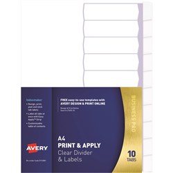 Avery L7455-10 Print & Apply Label Dividers A4 10 Tabs Clear