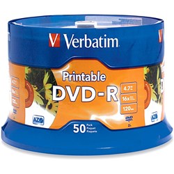 Verbatim Recordable DVD-R 120Min 4.7GB 16X Inkjet Printable Pack Of 50 White