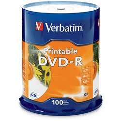 Verbatim Recordable DVD-R 120Min 4.7GB 16X Inkjet Printable Pack Of 100 White