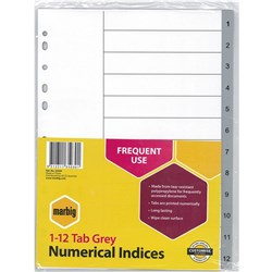 Marbig Plastic Indices & Dividers Tabs A4 1-12 Grey