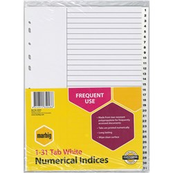 Marbig Plastic Indices & Dividers A4 1-31 Tab White