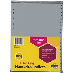 Marbig Plastic Indices & Dividers A4 1-100 Grey