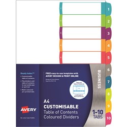 Avery L7411-10 Customisable Dividers A4 1-10 Index Tabs Bright Assorted