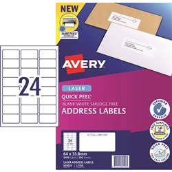 Avery Quick Peel Address Laser White L7159 64 x 33.8mm 24UP 2400 Labels 100 Sheets