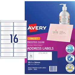Avery Frosted Clear Inkjet Address Labels J8562 99.1x24mm 16UP 400 Labels