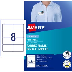 Avery Fabric Name Badge Laser Labels White L7418 86.5x55.5mm 8UP 120 Labels 15 Sheets