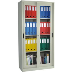 Steelco Sliding Glass Door Cupboard 3 Shelves 914W x 465D x 1830mmH White Satin