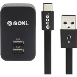 Moki Type-C SynCharge 150cm Cable + Wall Charger Black