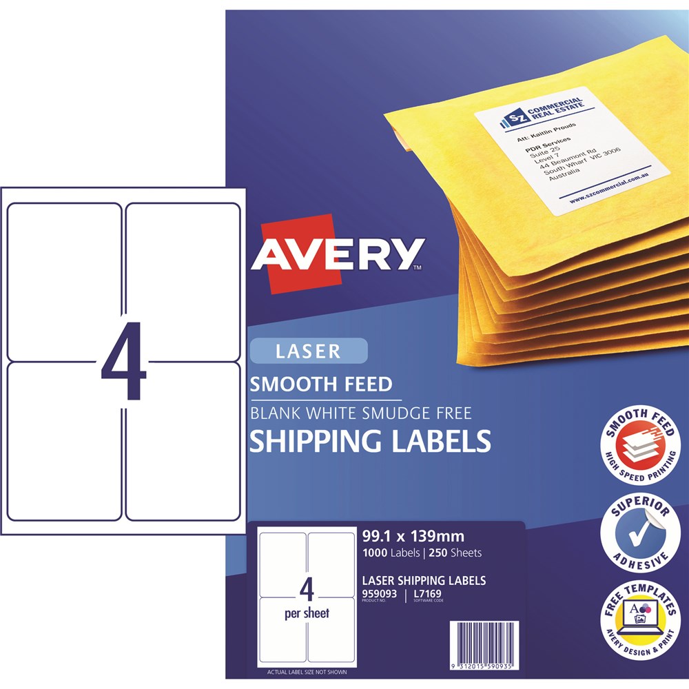 Avery Laser Shipping Labels White L7169 99.1x139mm 4UP 1000 Labels 250 ...